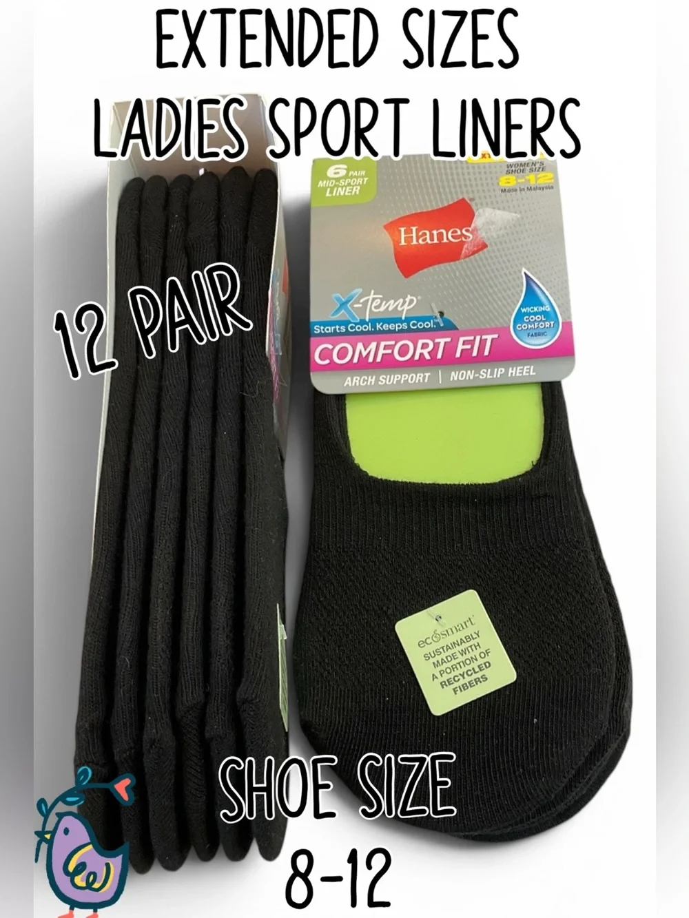 🌸12 Pair Ladies Sport Sock Sock Liners EXTENDED SIZES